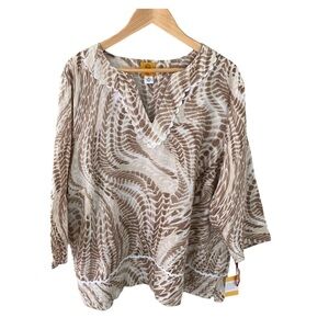 Ruby Rd.100% Linen Leaf Print Notched V-Neck Blouse Top NWT Size 2X